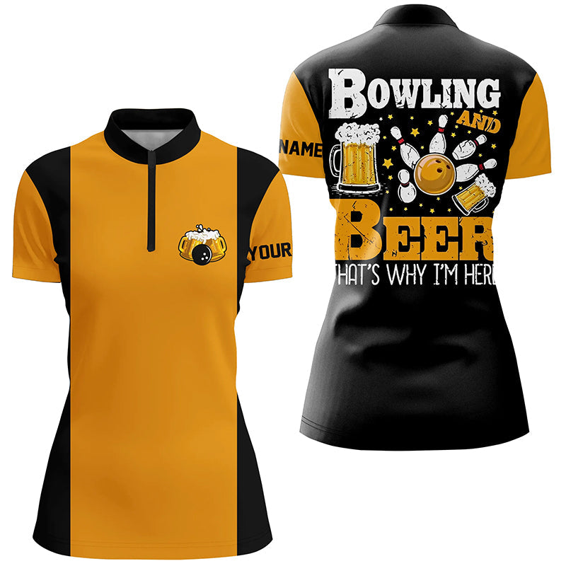 Black & yellow Retro bowling Quarter Zip shirts for women custom bowling and beer that's why I'm here NQS7474