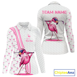 Funny Womens golf polo shirt custom pink and white flamingo pattern white golf shirts NQS8610