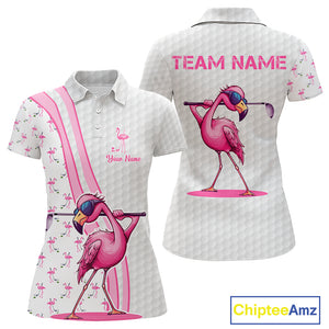 Funny Womens golf polo shirt custom pink and white flamingo pattern white golf shirts NQS8610