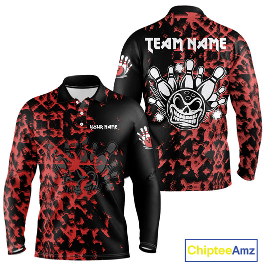 Black and Red Camo Funny Skull Bowling Polo, Quarter Zip Shirt for Men Custom Bowling Team Jersey NQS9969