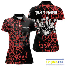 Load image into Gallery viewer, Black and Red Camo Funny Skull Bowling Polo, Quarter Zip Shirt for Women Custom Bowling Team Jersey NQS9969