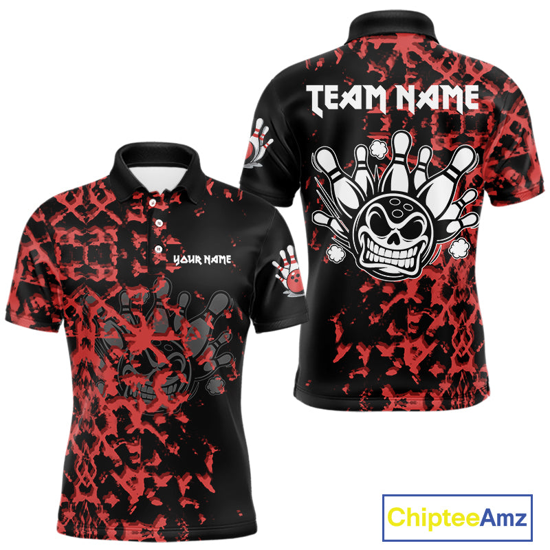 Black and Red Camo Funny Skull Bowling Polo, Quarter Zip Shirt for Men Custom Bowling Team Jersey NQS9969