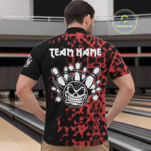 Load image into Gallery viewer, Black and Red Camo Funny Skull Bowling Polo, Quarter Zip Shirt for Men Custom Bowling Team Jersey NQS9969