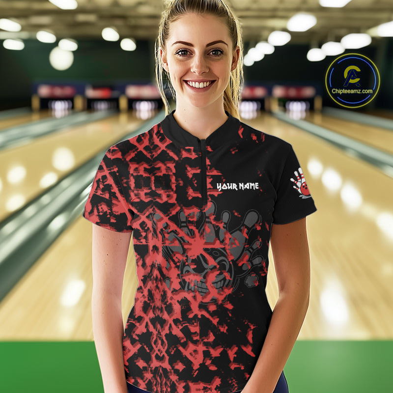 Black and Red Camo Funny Skull Bowling Polo, Quarter Zip Shirt for Women Custom Bowling Team Jersey NQS9969