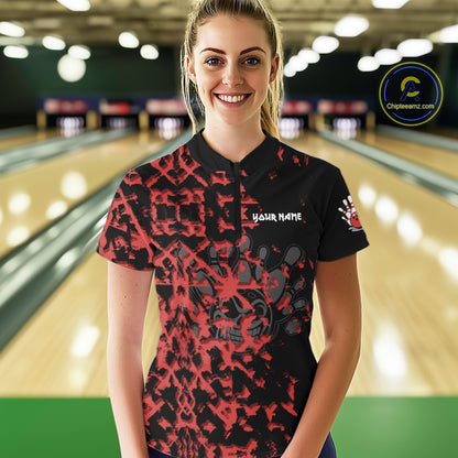 Black and Red Camo Funny Skull Bowling Polo, Quarter Zip Shirt for Women Custom Bowling Team Jersey NQS9969