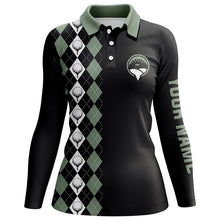 Load image into Gallery viewer, Green argyle pattern black Womens golf polo shirts custom name golf tops for laides, golfing gifts NQS5943