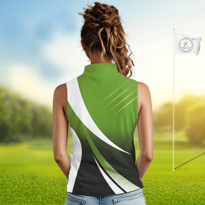 Women Sleeveless Polo Shirt custom name green and white golf shirt, tournament golf tops for ladies NQS10258