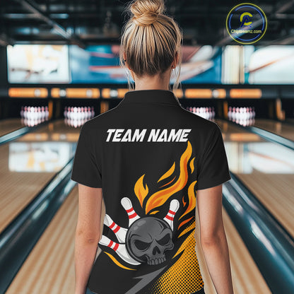 Custom Black and Yellow Flame Skull Bowling shirts for Women, bowling team league jerseys with Name NQS10263