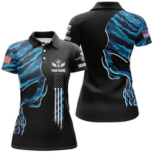 Load image into Gallery viewer, Blue camo skull black US flag custom name and number Womens polo shirts, ladies disco golf outfit NQS6141