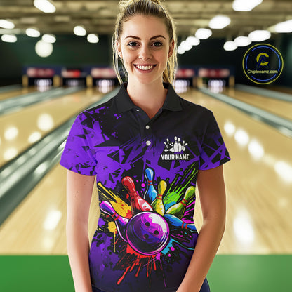 Colorful bowling jersey Polo, 1/4 Zip Shirt for Women Custom Bowling Team shirts for bowler| Purple NQS8258