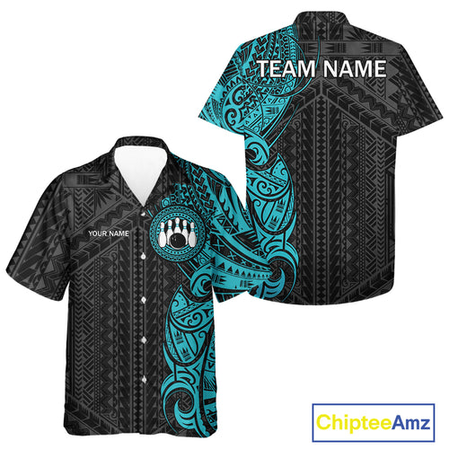 Black and Cyan Blue Tribal pattern Hawaiian bowling shirts Custom Team bowling button up shirts NQS10649