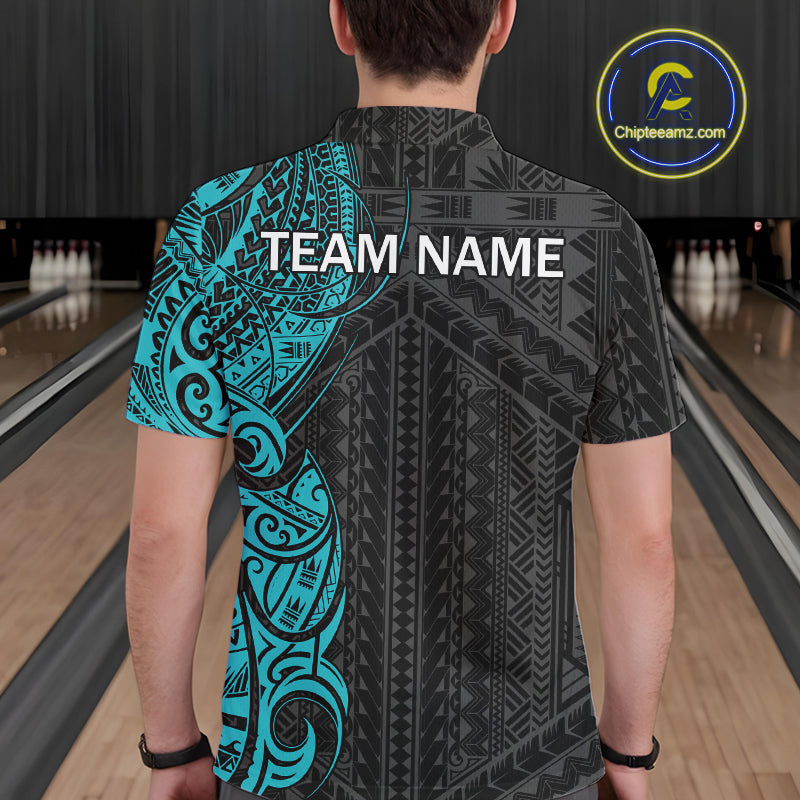 Black and Cyan Blue Tribal pattern Men Bowling Shirt Custom Bowling outfit men Team bowling jersey NQS10649