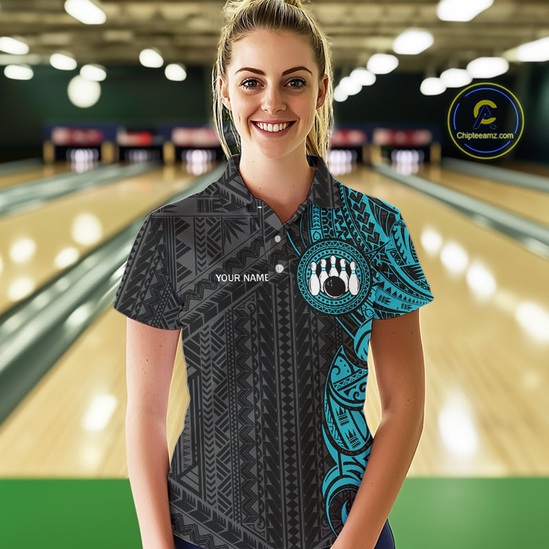 Black & Cyan Blue Tribal pattern Women Bowling Shirt Custom Bowling outfit ladies Team bowling jersey NQS10649