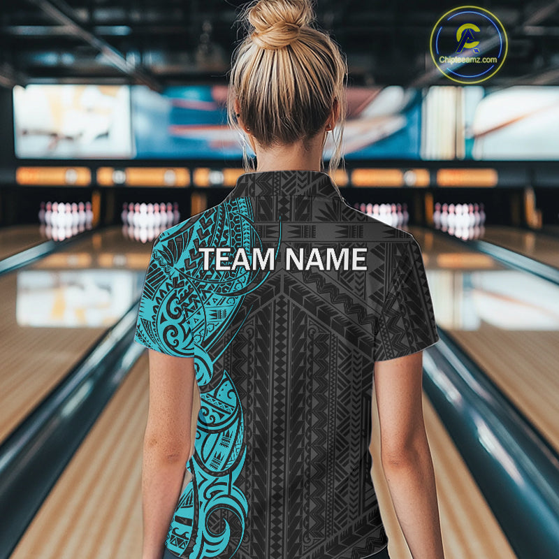 Black & Cyan Blue Tribal pattern Women Bowling Shirt Custom Bowling outfit ladies Team bowling jersey NQS10649