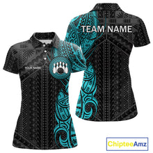Load image into Gallery viewer, Black &amp; Cyan Blue Tribal pattern Women Bowling Shirt Custom Bowling outfit ladies Team bowling jersey NQS10649