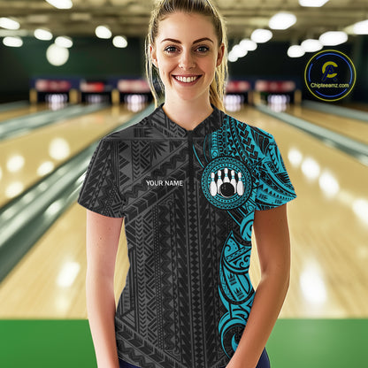 Black & Cyan Blue Tribal pattern Women Bowling Shirt Custom Bowling outfit ladies Team bowling jersey NQS10649