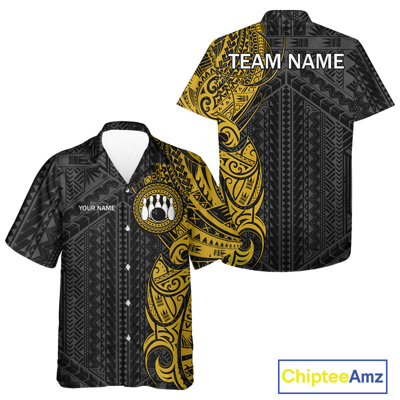 Black and Yellow Tribal pattern Hawaiian bowling shirts Custom Team bowling button up shirts NQS10650