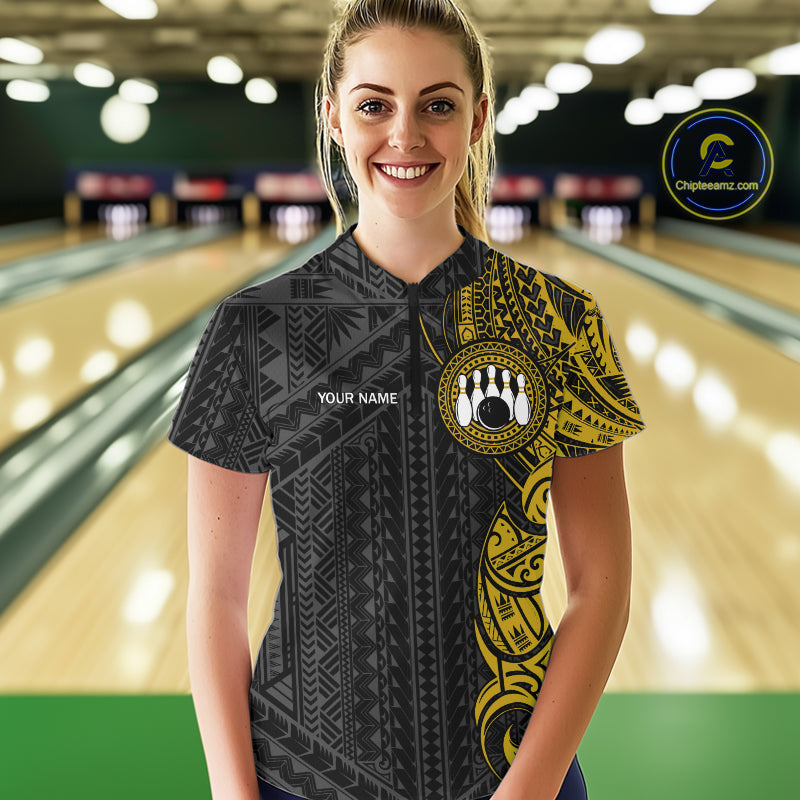 Black & Yellow Tribal pattern Women Bowling Shirt Custom Bowling outfit ladies Team bowling jersey NQS10650