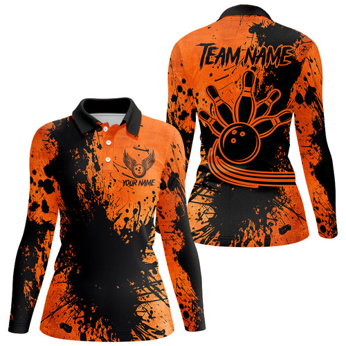 Black and Orange Womens Bowling Polo, Quarter Zip Shirts Custom Halloween Bowling Team League Jerseys NQS8722