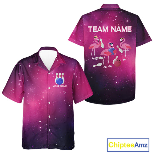 Funny Flamingo Team bowling Hawaiian Shirt custom Pink Galaxy pattern bowling Shirt for bowlers NQS10883