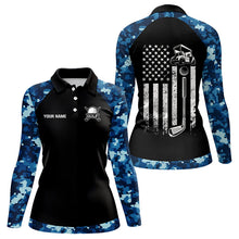 Load image into Gallery viewer, Black and Blue Camo American Flag Womens Golf Polo Shirts custom patriotic golf tops for women NQS9180
