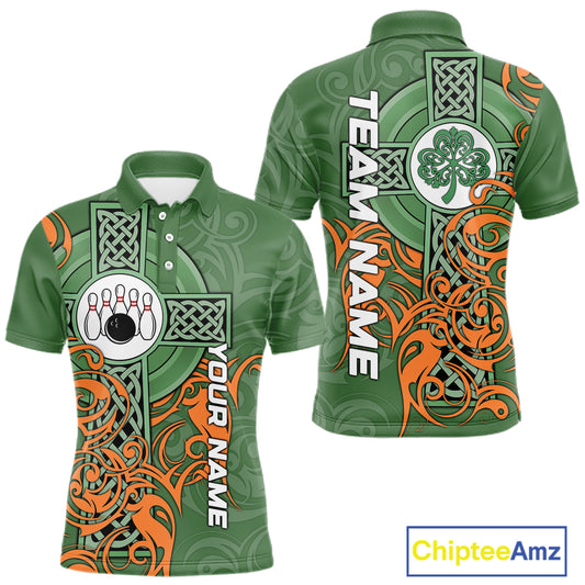 Green and orange Irish Tribal Cross St Patrick's Day Mens bowling shirts Custom Lucky Bowling Jerseys NQS11255