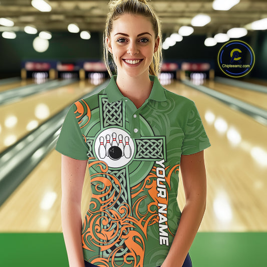 Green and orange Irish Tribal Cross St Patrick's Day Women bowling shirts Custom Lucky Bowling Jersey NQS11255