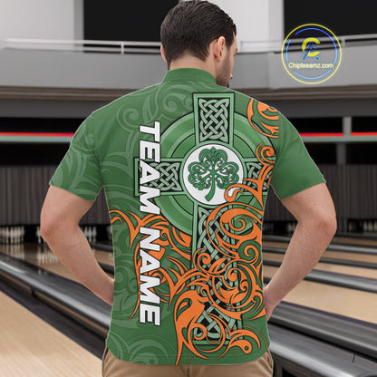 Green and orange Irish Tribal Cross St Patrick's Day Mens bowling shirts Custom Lucky Bowling Jerseys NQS11255