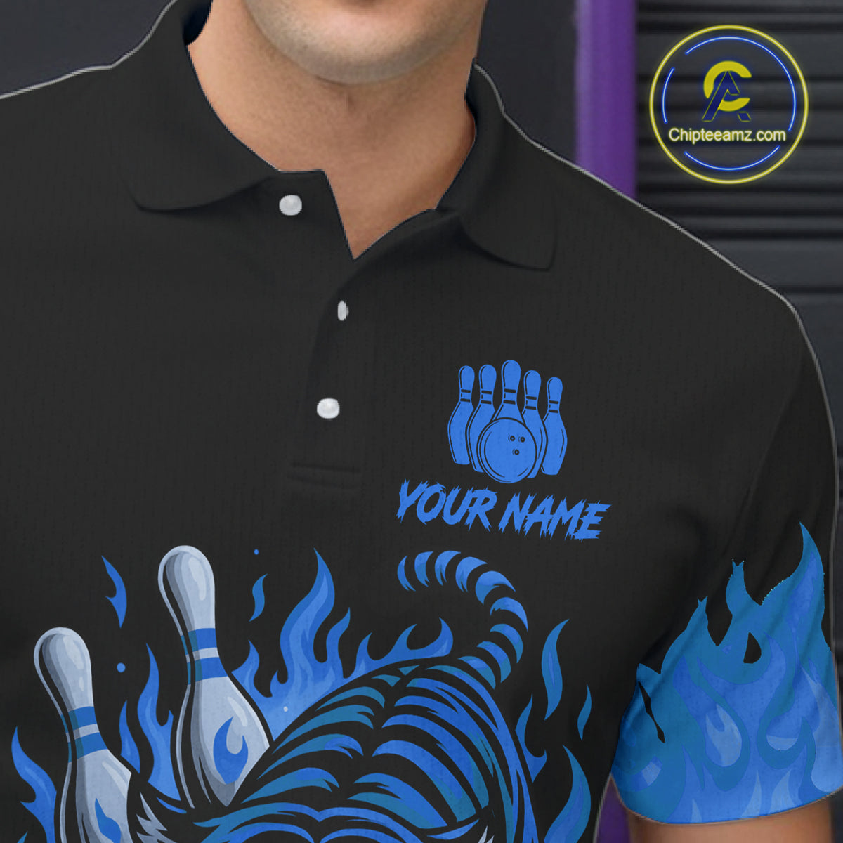 Black and Blue Flame Tiger Bowling Polo, 1/4 Zip Shirts for Men Custom Team Tiger Bowling Jersey NQS11256