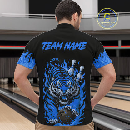 Black and Blue Flame Tiger Bowling Polo, 1/4 Zip Shirts for Men Custom Team Tiger Bowling Jersey NQS11256