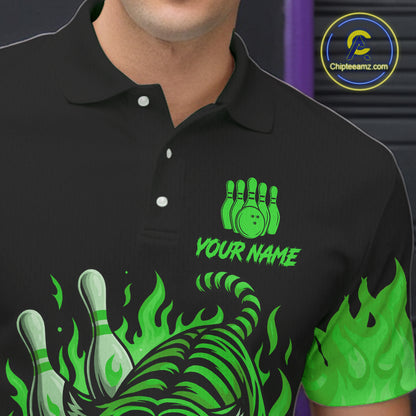 Black and Green Flame Tiger Bowling Polo, 1/4 Zip Shirts for Men Custom Team Tiger Bowling Jersey NQS11257
