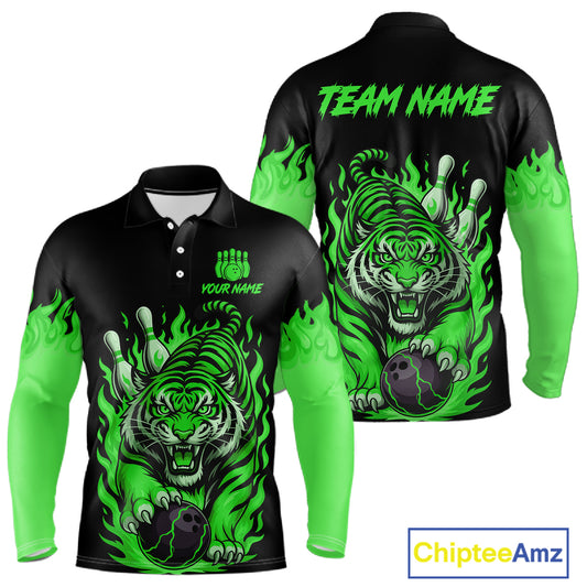 Black and Green Flame Tiger Bowling Polo, 1/4 Zip Shirts for Men Custom Team Tiger Bowling Jersey NQS11257