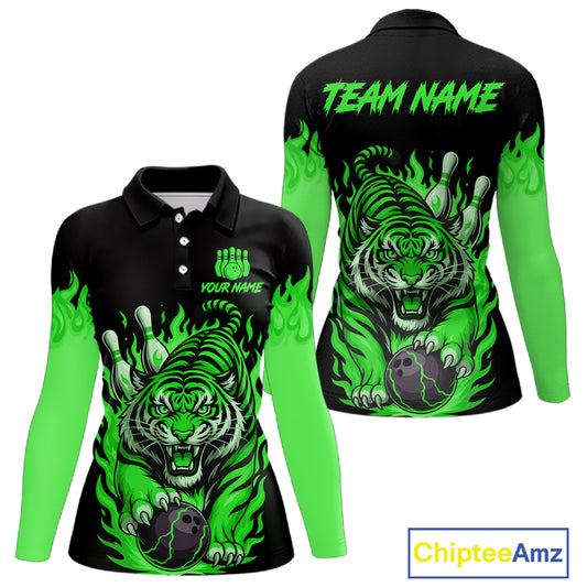 Black and Green Flame Tiger Bowling Polo, 1/4 Zip Shirts for Women Custom Team Tiger Bowling Jersey NQS11257