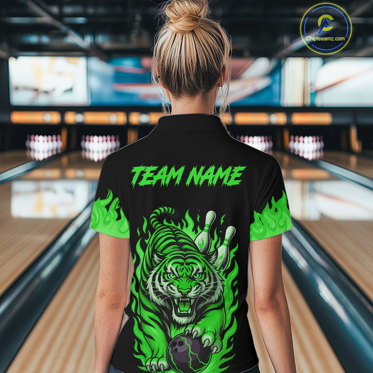 Black and Green Flame Tiger Bowling Polo, 1/4 Zip Shirts for Women Custom Team Tiger Bowling Jersey NQS11257