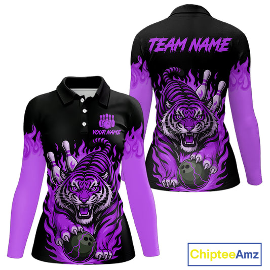 Black and Purple Flame Tiger Bowling Polo, 1/4 Zip Shirts for Women Custom Team Tiger Bowling Jersey NQS11258
