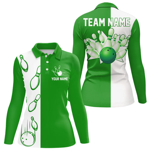 Green and white retro vintage Bowling polo, quarter zip shirts for Women custom Bowling team jerseys NQS9533