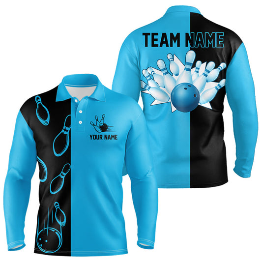 Cyan Blue and Black retro vintage Bowling polo, quarter zip shirts for men custom Bowling team jerseys NQS9534