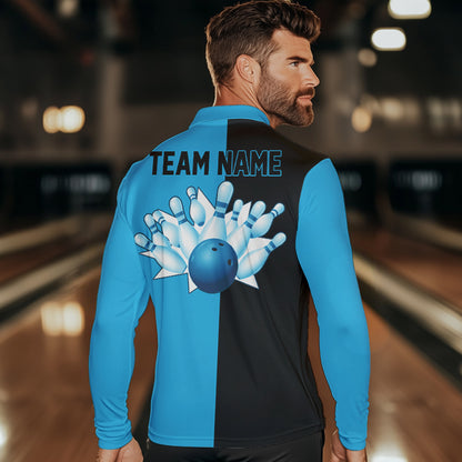 Cyan Blue and Black retro vintage Bowling polo, quarter zip shirts for men custom Bowling team jerseys NQS9534