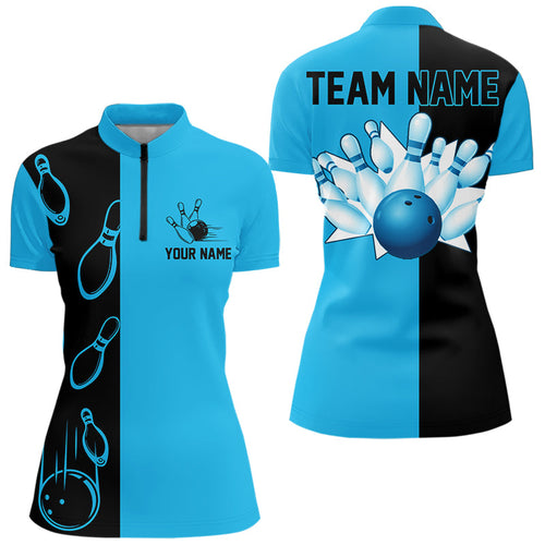 Cyan Blue and Black retro vintage Bowling polo, quarter zip shirt for Women custom Bowling team jersey NQS9534