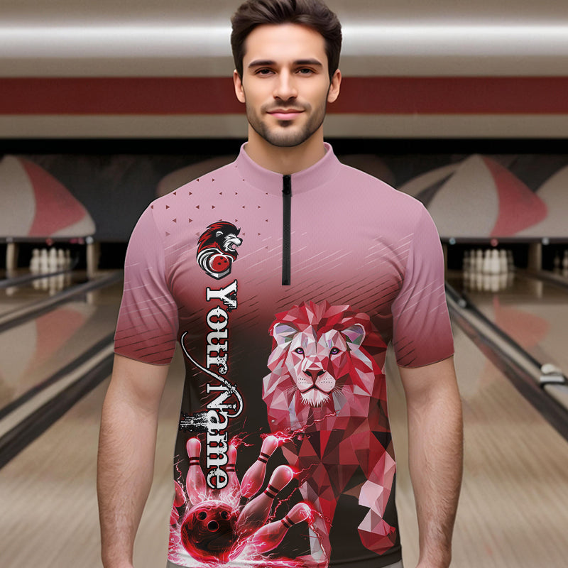 Red Lightning Lion Bowling Polo, Quarter Zip Shirts for Men Custom Lion Bowling Team jerseys NQS9692