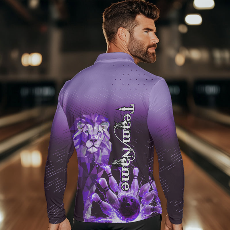 Purple Lightning Lion Bowling Polo, Quarter Zip Shirts for Men Custom Lion Bowling Team jerseys NQS9693