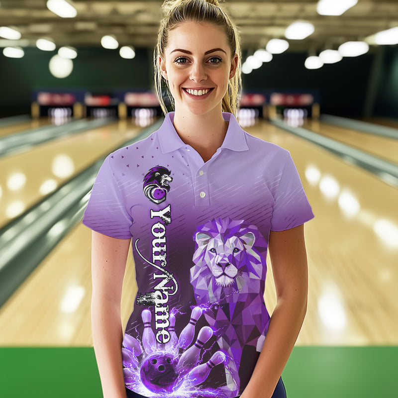 Purple Lightning Lion Bowling Polo, Quarter Zip Shirts for Women Custom Lion Bowling Team jerseys NQS9693