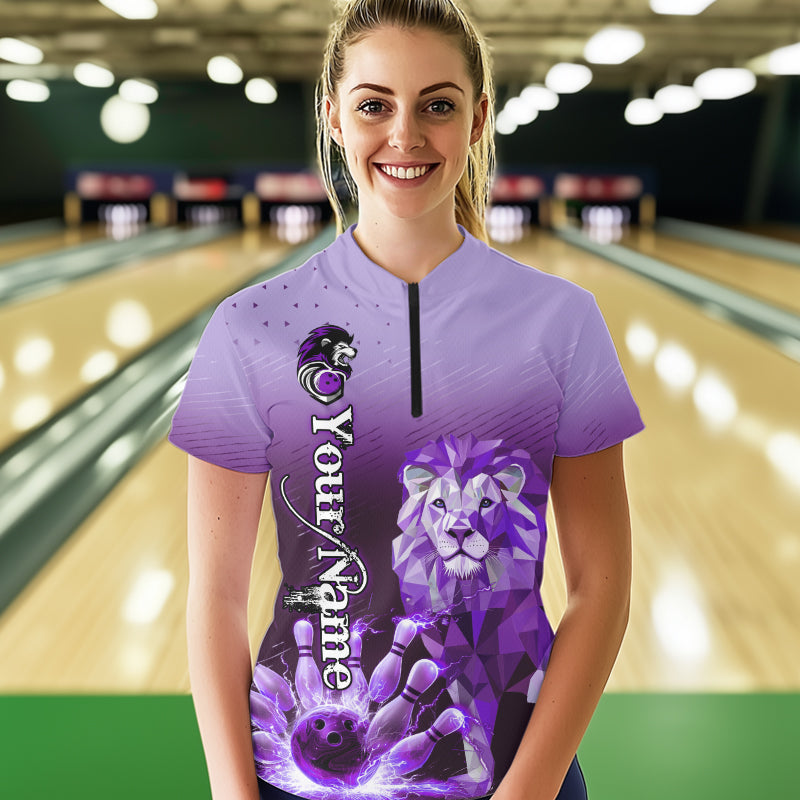 Purple Lightning Lion Bowling Polo, Quarter Zip Shirts for Women Custom Lion Bowling Team jerseys NQS9693