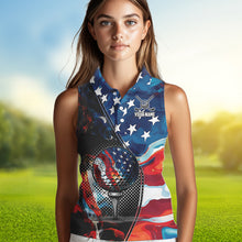 Load image into Gallery viewer, Red, White and Blue American Flag Women Sleeveless Polo Shirt Custom Patriotic Team Golf Shirt NQS9695
