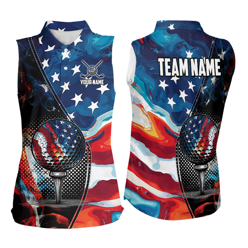 Red, White and Blue American Flag Women Sleeveless Polo Shirt Custom Patriotic Team Golf Shirt NQS9695