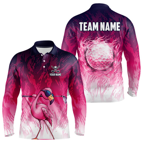 Funny Flamingo pink camo flame golf ball Mens Golf Polo Shirts Custom Flamingo Golf attire for men NQS9697