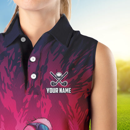 Funny Flamingo pink camo flame golf ball Women Golf  Sleeveless Polo Shirt Custom Ladies Golf tops NQS9697