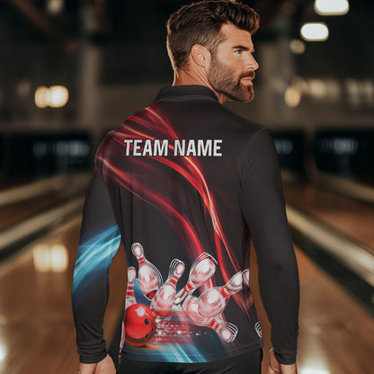 Custom Black and Red Mens bowling Polo, Quarter Zip Shirts, team bowling outfits for Men NQS9701