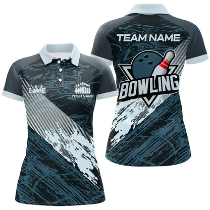 Blue camo bowling ball and pins custom Womens Bowling Polo Shirts, gift for team bowlers NQS7481