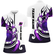 Load image into Gallery viewer, White Womens bowling shirts Custom purple flame bowling ball and pins Jerseys polo, quarter zip shirts NQS7634